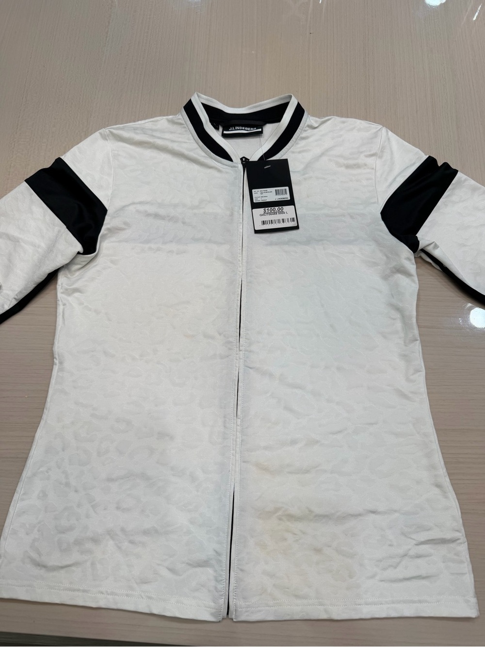 J.ING White Bomber Jacket with Black Sleeve Panels